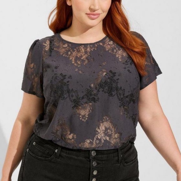 torrid Tops - torrid Abbey Lace Short-Sleeve Blouse in Charcoal